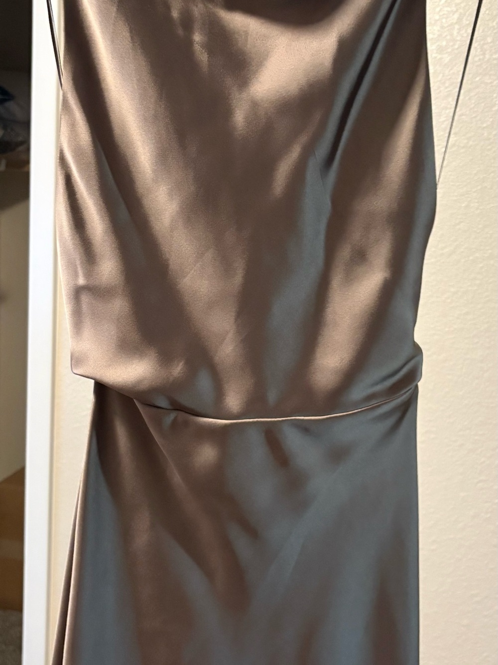 Zara Backless Satin Slip Dress in Taupe Brown